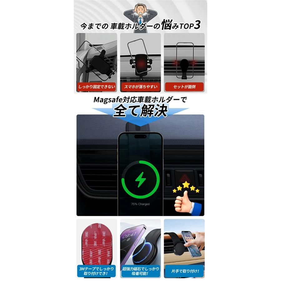 車載ホルダー ワイヤレス充電器 超強力 Magsafe スマホ充電器 最大15W