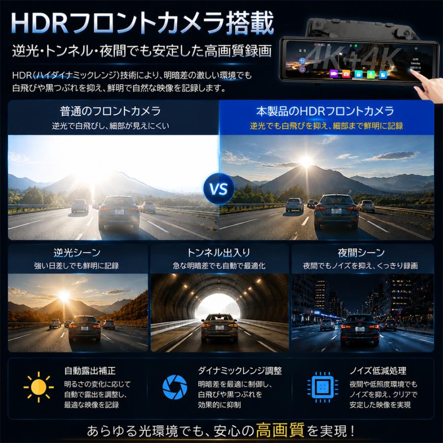 ドライブレコーダー ミラー型 4K 前後カメラ SONYセンサー搭載 12インチ大画面 デジタルインナーミラー 前後4K同時録画 GPS 駐車監視 170°広角 WDR Gセンサー |  | 10