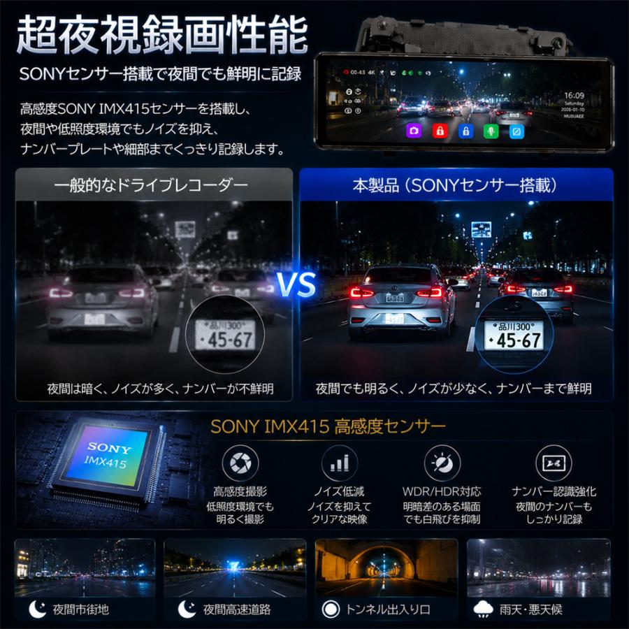 ドライブレコーダー ミラー型 4K 前後カメラ SONYセンサー搭載 12インチ大画面 デジタルインナーミラー 前後4K同時録画 GPS 駐車監視 170°広角 WDR Gセンサー |  | 16
