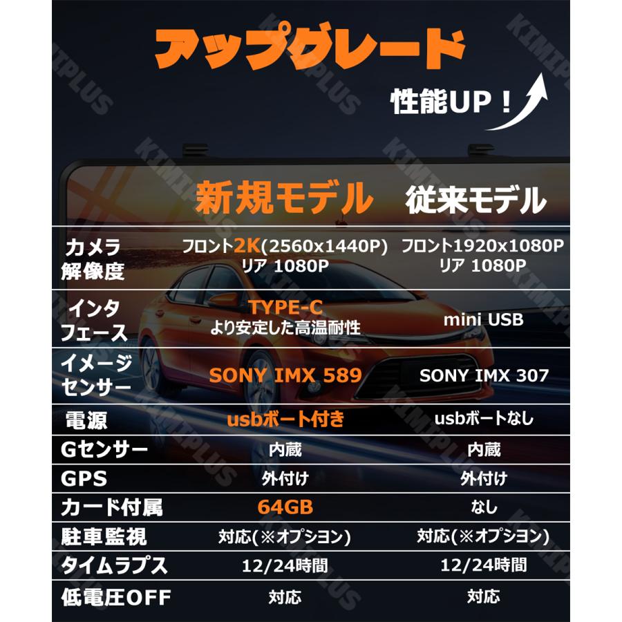 ドライブレコーダー　GPS内蔵　Wi-Fi対応　日本語取扱説明書　フロント+リア ドライブレコーダー 前後 2カメラ ミラー型 分離式 日本製 センサー 2K