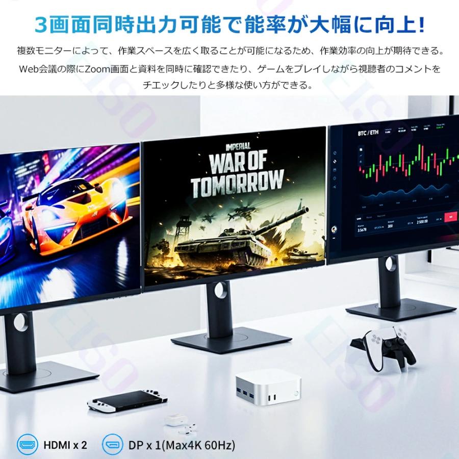 ミニPC mini pc パソコン windows11 14代高性能CPU intel N150 最大3.6GHz 4KHD 60Hz 3画面出力 DDR5 12GB 4800MHz/s 高速SSD 256GB~2048GB WiFi5 Bluetooth5.2の画像