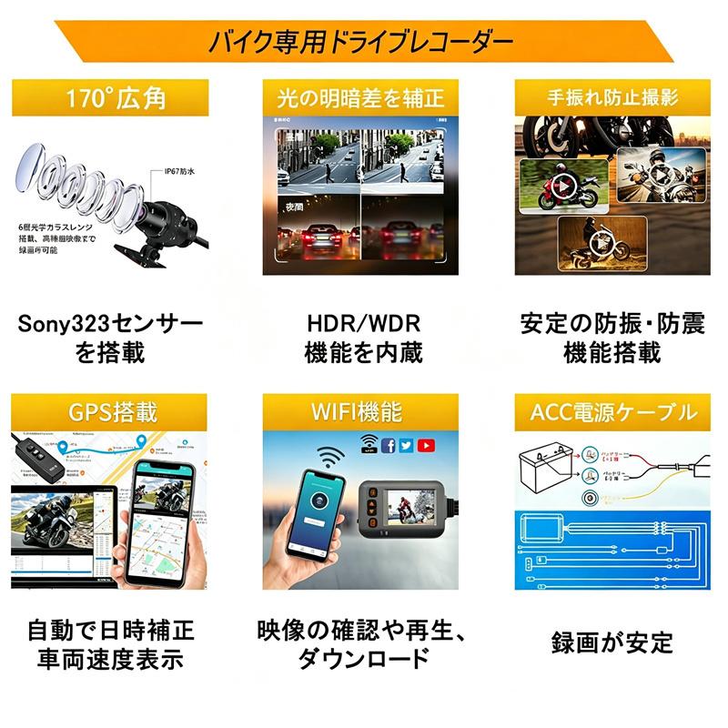 ドライブレコーダー バイク用 3インチ 前後デュアルHD 1080P 前後2カメラ SONYセンサー リモコン付GPS WIFI 140°超広角 HD防振 超高画質 ループ録画 衝突ロック |  | 12