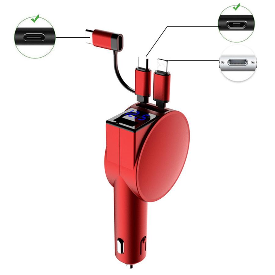 車載充電器 シガーソケット 巻取り式 ケーブル 最大60W QC4.0 PD対応 急速充電 カーチャージャー リール式 3台同時 12/24V車対応 電圧測定 USBポート type-C |  | 12