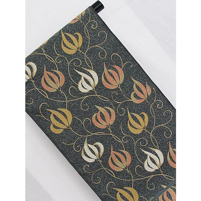 川島織物】織九寸名古屋帯／瓜草文☆黒地／グレーイッシュグリーン