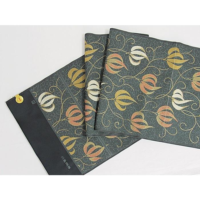 川島織物】織九寸名古屋帯／瓜草文☆黒地／グレーイッシュグリーン