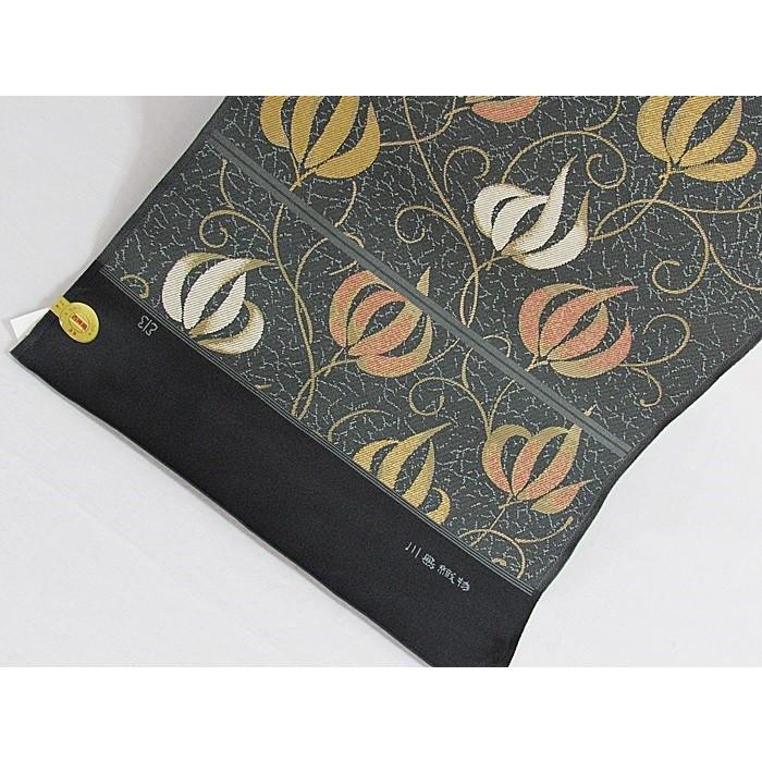 川島織物】織九寸名古屋帯／瓜草文☆黒地／グレーイッシュグリーン