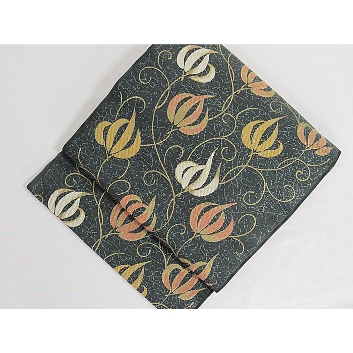 川島織物】織九寸名古屋帯／瓜草文☆黒地／グレーイッシュグリーン