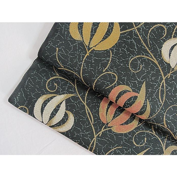 川島織物】織九寸名古屋帯／瓜草文☆黒地／グレーイッシュグリーン