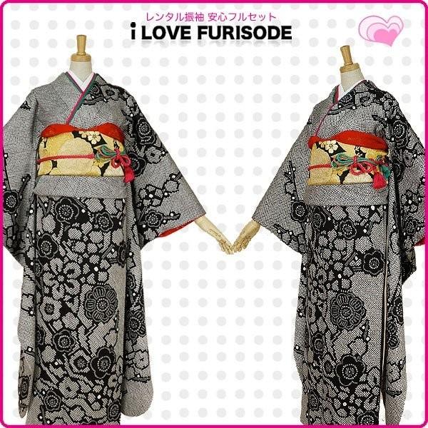 レンタル 振袖 フルセット 貸衣装 黒 ブラック black No.404 振袖 適応身長：160〜170cm位 NISHIORI レンタル商品 振袖 フルセット 貸衣装 黒 ブラック black No