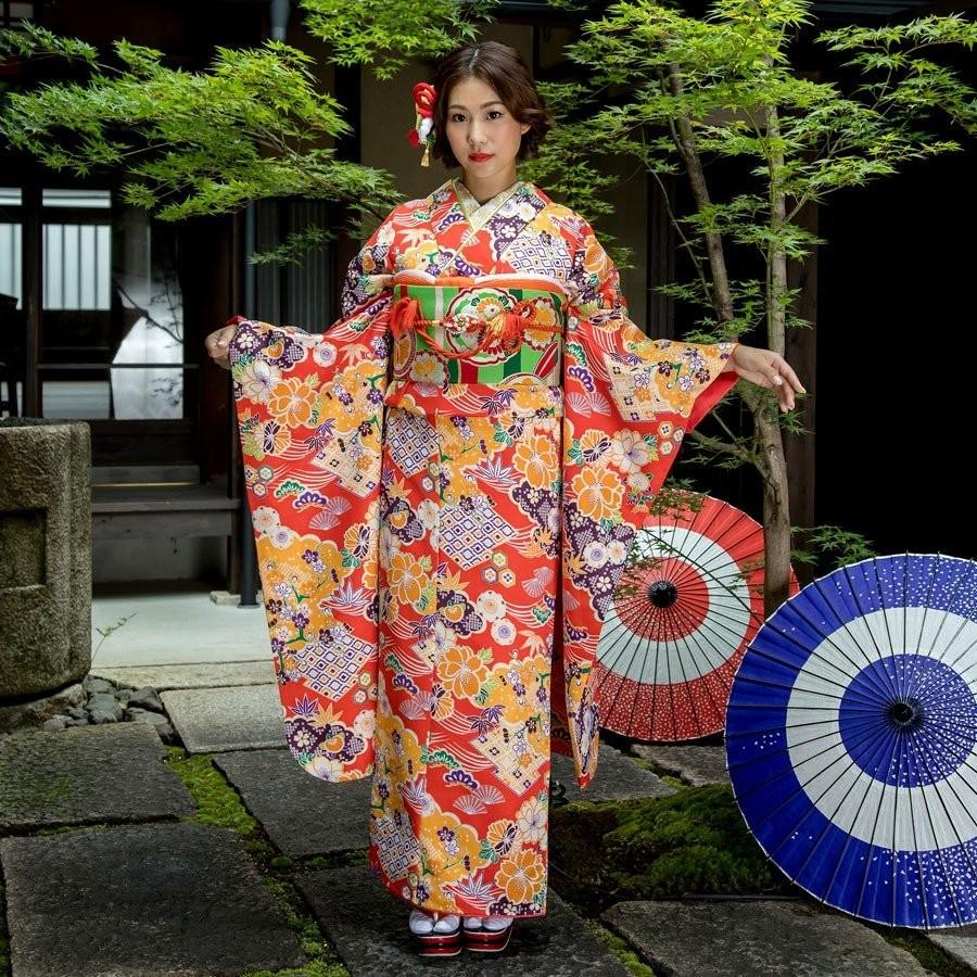 レンタル 振袖 貸衣装 フルセット 貸衣装 画像の帯がセット 和遊日No.1484 赤 オレンジ 古典 NISHIORI レンタル商品 振袖 貸衣装 フルセット 貸衣装 画像の帯が