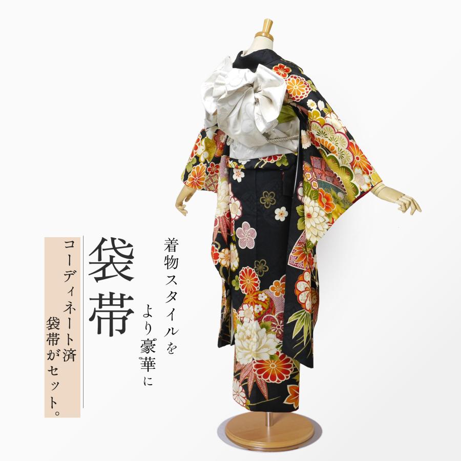 レンタル 振袖 貸衣装 フルセット ハイクラス 豪華 絹素材 絵羽柄【画像の帯がセット】成人式 結婚式 古典 ブラック 黒地 小さめサイズ 小柄さん向け 菊 扇 梅【No.1522】 NISHIORI レンタル 振袖 貸衣装 フルセット ハイクラス 豪華 絹素材 絵