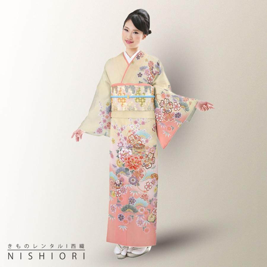 訪問着 レンタル 着物 貸衣装 フルセット 黄色 ピンク 牡丹 松竹梅No.0143 NISHIORI 訪問着 レンタル商品 着物レンタル商品入学式 卒業式 七五三