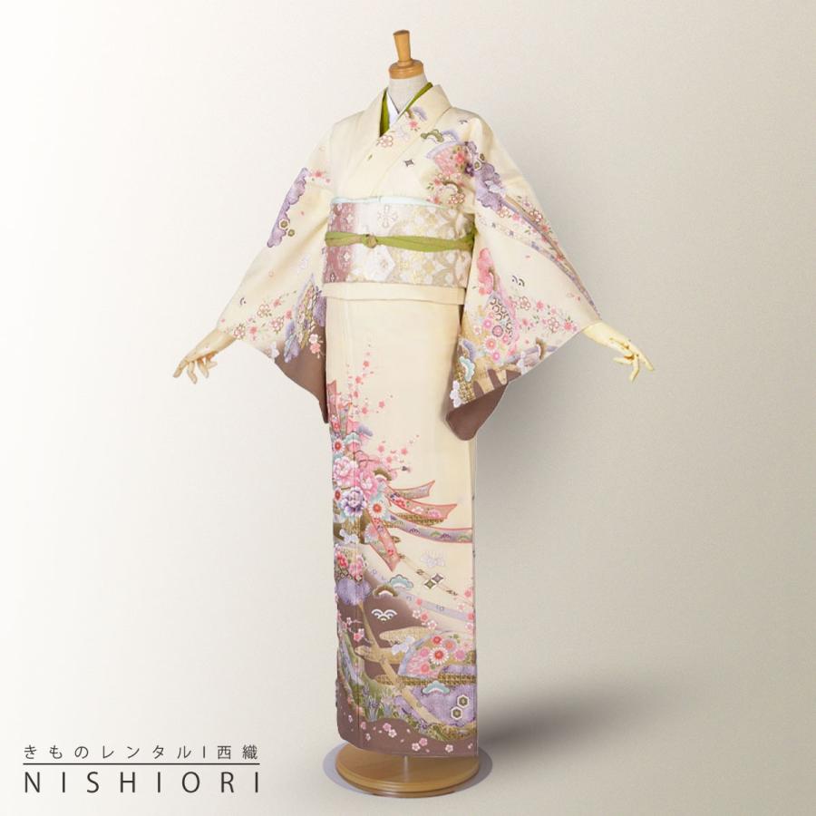 訪問着 レンタル 着物 貸衣装 フルセット クリーム 薄黄 熨斗紙 松 牡丹No.0149 NISHIORI 訪問着 レンタル商品 着物レンタル商品入学式 卒業式 七五三