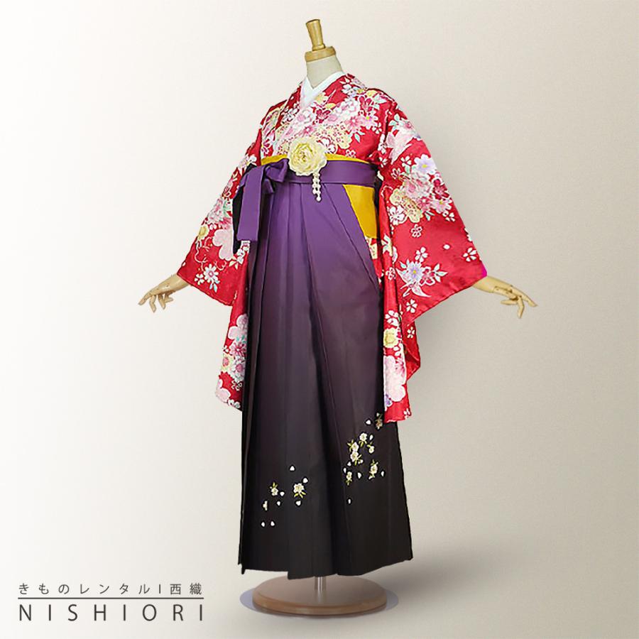 二尺袖着物 袴 レンタル 貸衣装 HL 赤×紫×ボカシ×刺繍 袴 小学生 対応 ブーツ選択可 NISHIORI 二尺袖着物 袴 レンタル商品 送料無料 貸衣装 赤×紫×ボカシ