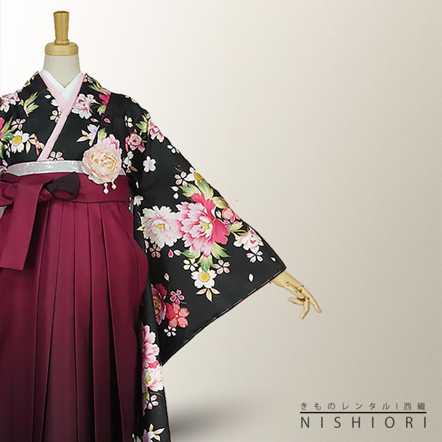 NISHIORI 二尺袖着物 袴 レンタル商品 送料無料 貸衣装 黒×ワイン×刺繍
