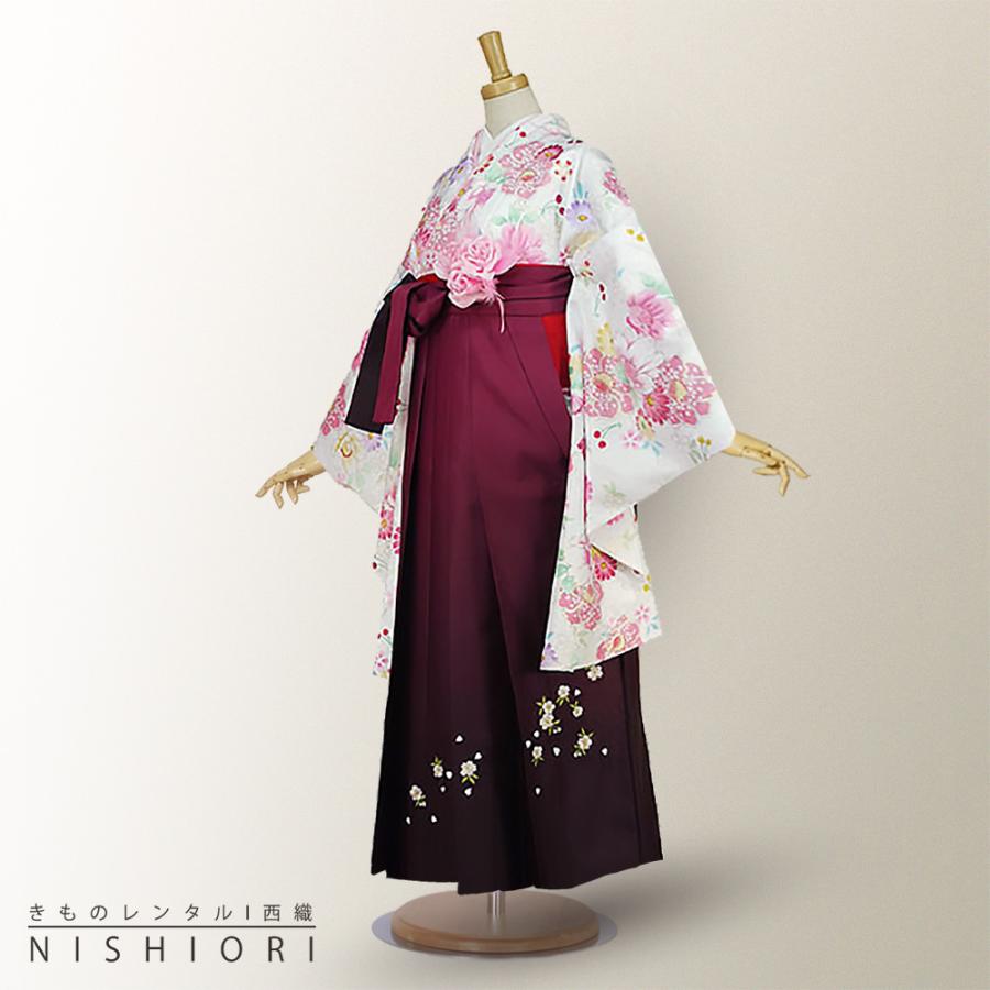 二尺袖 着物 袴 レンタル 貸衣装 Mサイズ 白 ワイン ぼかし 刺繍 ブーツ選択可 NISHIORI 二尺袖着物 袴 レンタル商品 送料無料 貸衣装 白×ワイン×刺繍