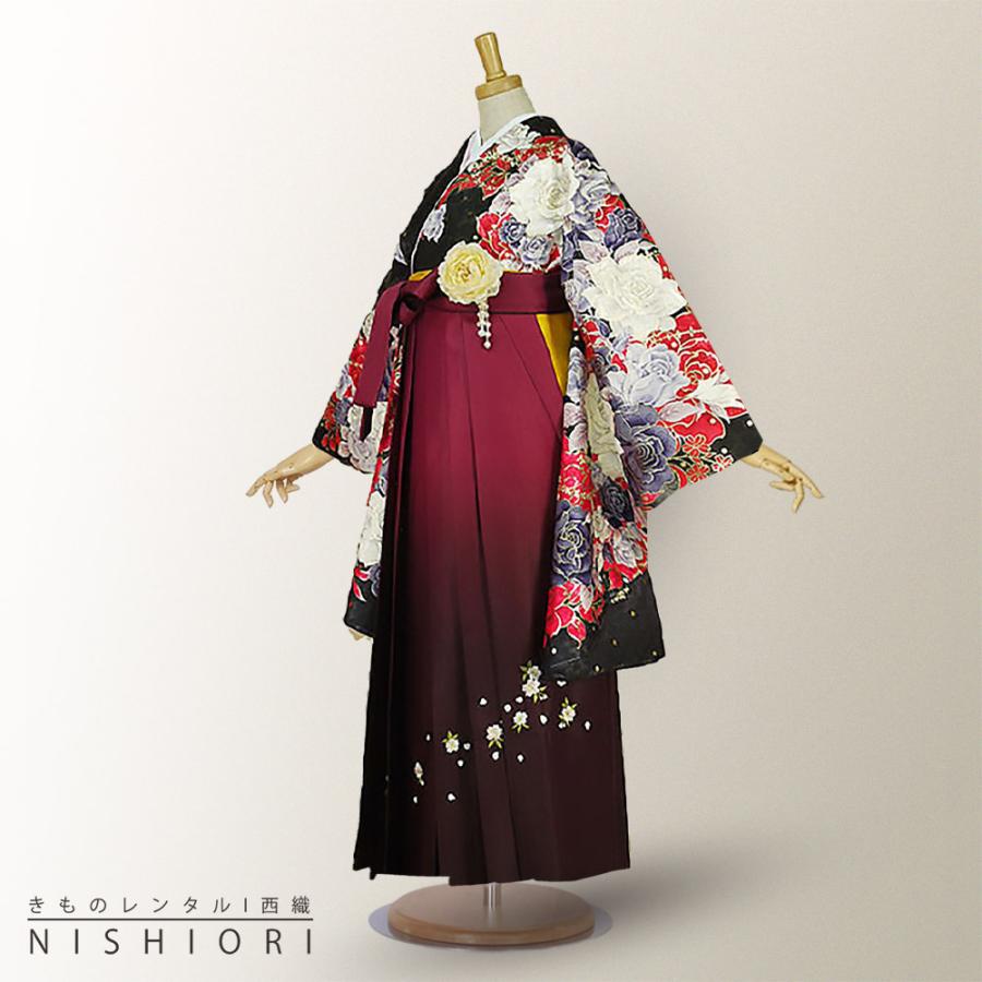 二尺袖着物 袴 レンタル 貸衣装 anan Adam&EVE 黒×赤×刺繍 袴 小学生 対応 ブーツ選択可 NISHIORI 二尺袖着物 袴 レンタル商品 送料無料 貸衣装 anan 黒×ワイン