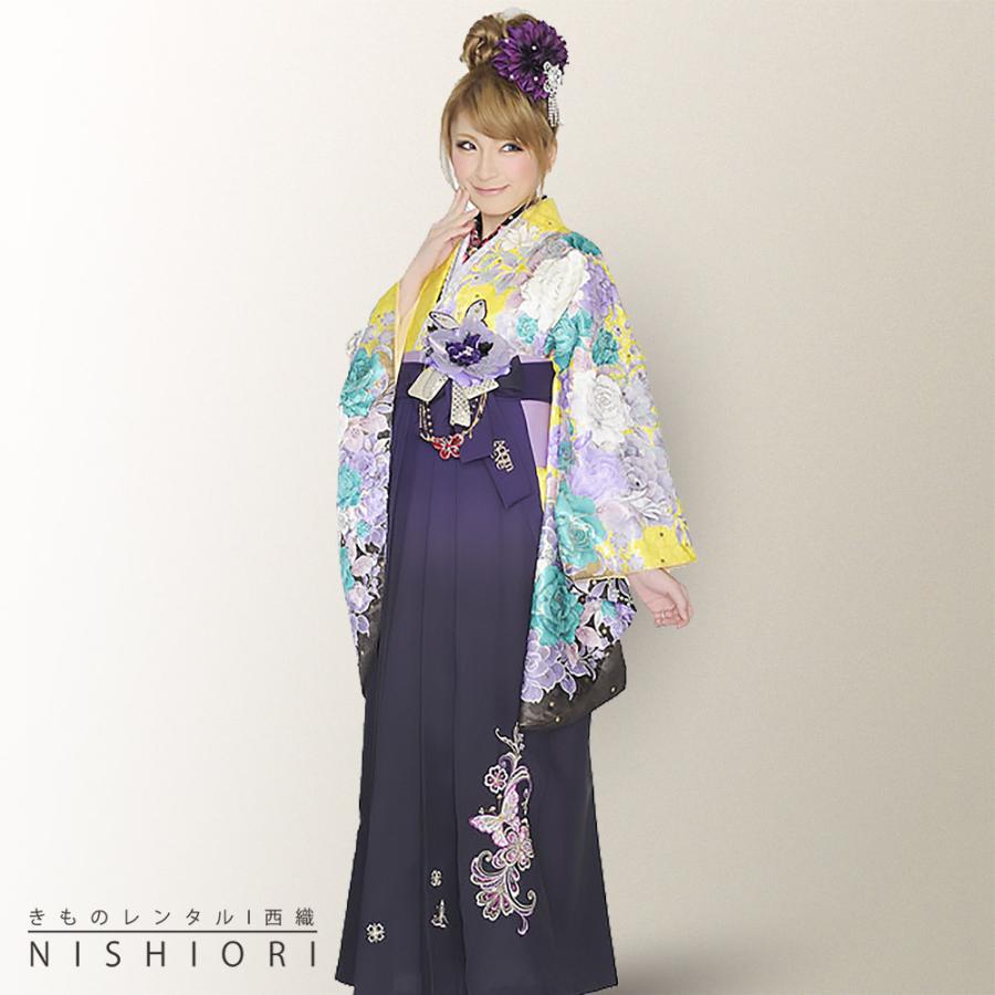 二尺袖着物 袴 レンタル 高橋真依子着用モデル 貸衣装 Adam&Eve an an 黄色 紫刺繍 小学生 対応 ブーツ選択可 NISHIORI 二尺袖着物 袴 レンタル商品 高橋真依子着用モデル 送料無料
