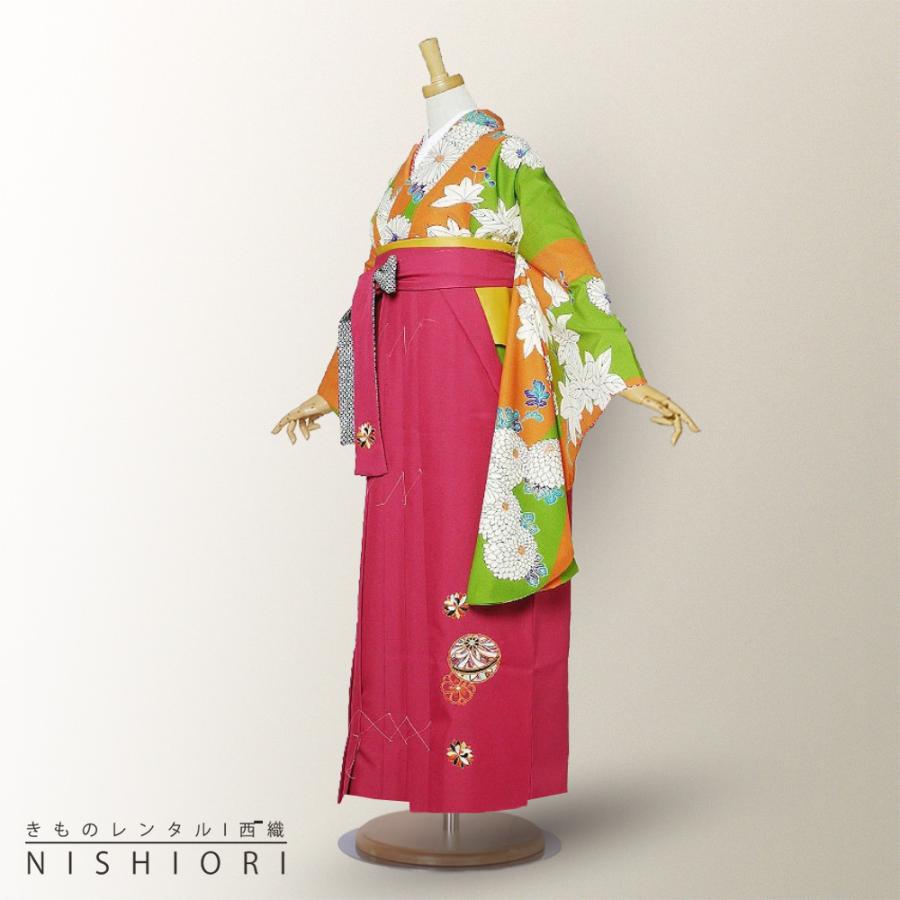 二尺袖 着物 袴 レンタル 貸衣装 九重 緑 オレンジ 椛 刺繍 袴 M サイズ 小学生 対応 ブーツ選択可 NISHIORI 二尺袖 着物 袴 レンタル商品 貸衣装 貸衣装 九重 緑