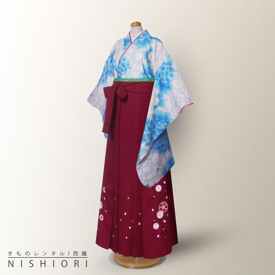 花ひめ ブランド ジュニアサイズ 二尺袖 着物 袴 レンタル 往復貸衣装 卒業式 ジュニア 小学生 対応 水色 白 牡丹 ブーツ選択可 NISHIORI 花ひめ ブランド ジュニアサイズ 二尺袖 着物 袴 レンタル