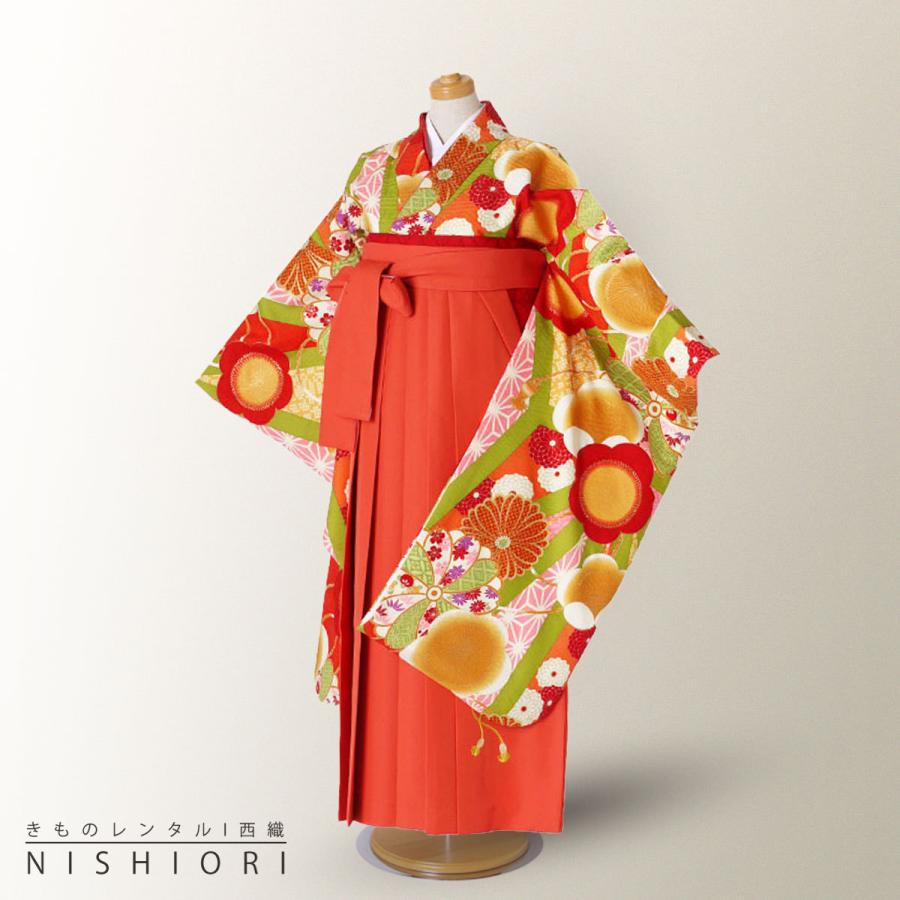ジュニア 二尺袖 着物 袴 レンタル 九重 ブランド 往復十三参り 卒業式 貸衣装 小学生 古典柄 黄緑 オレンジ ブーツ選択可 NISHIORI ジュニア 二尺袖 着物 袴 レンタル商品 九重 ブランド 往復