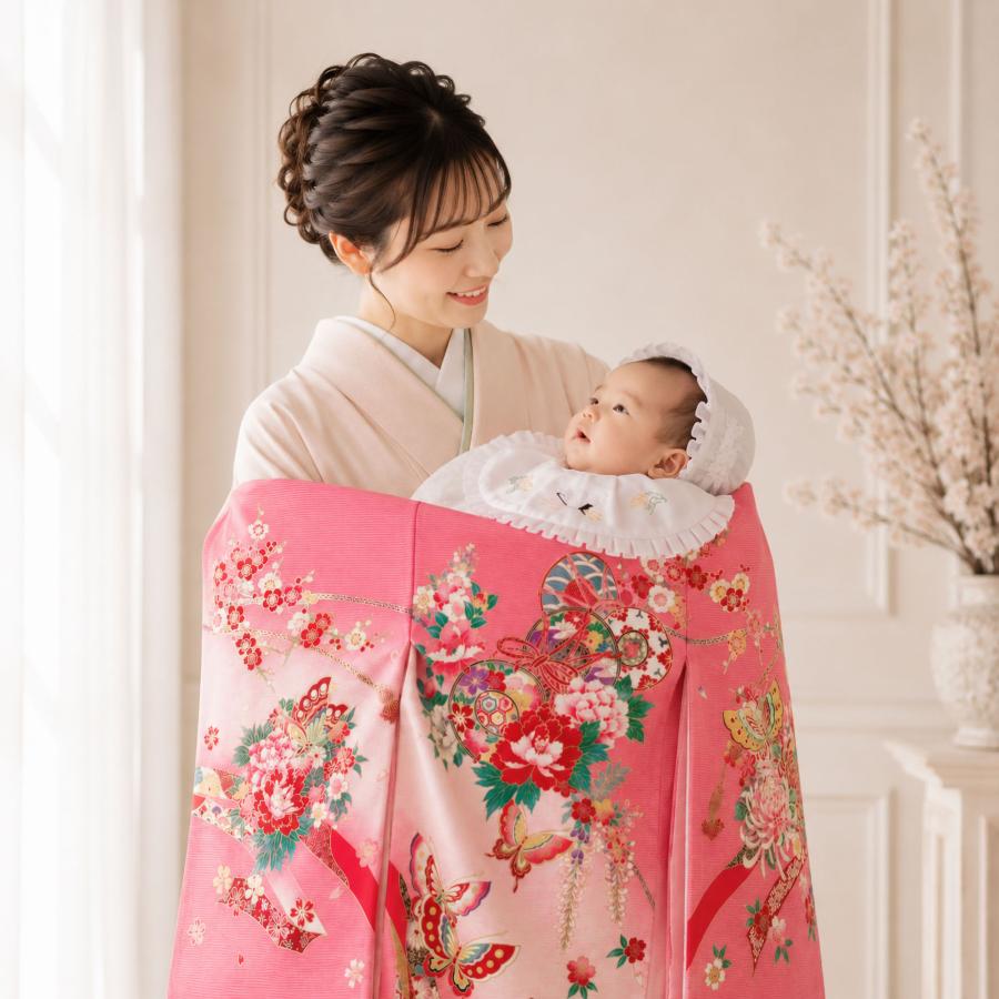 NISHIORI レンタル 【夏用 絽】正絹 女児 産着 ピンク お宮参り 着物