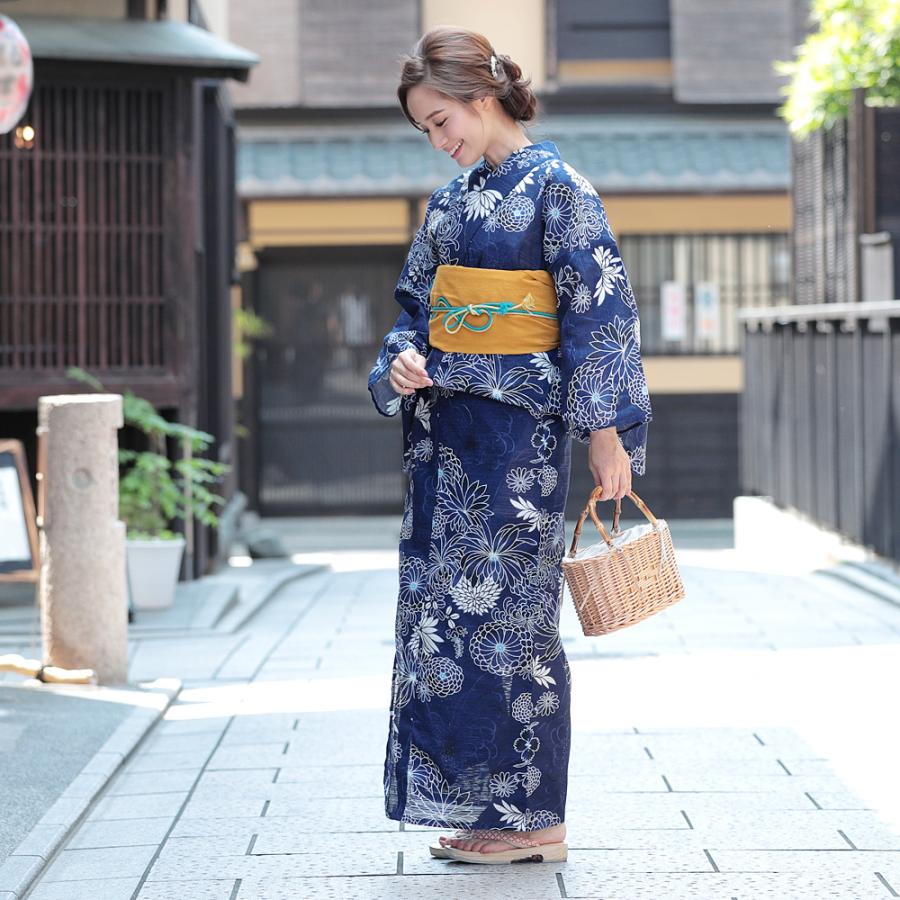 100％安い 菊 紺 【帯付き】浴衣 綿絽 レディース フリーサイズ 浴衣