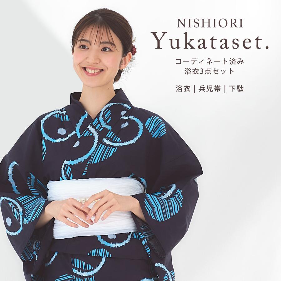 NISHIORI レディース 浴衣 3点セット ゆかた 帯 下駄 平織り 綿100