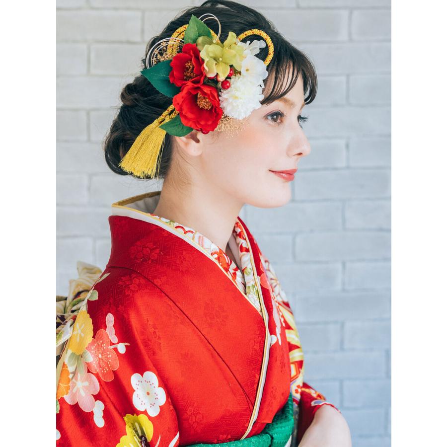 NISHIORI 髪飾り 卒業袴 振袖に 大花 椿 つばき 花かざり 金組紐 2点