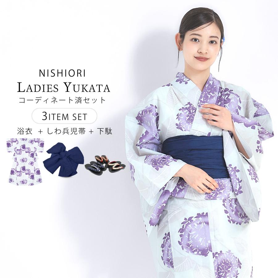 NISHIORI 浴衣 レディース 3点セット ゆかた 兵児帯 下駄 綿100 NISHIORI 浴衣 レディース 3点セット ゆかた 兵児帯 下駄 綿100