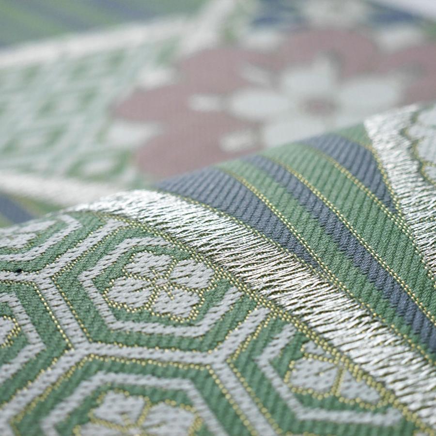 西陣 帯 袋帯【花柄 グリーン シルバー コーデュロイ 七宝 】 西陣織 お仕立て上がり シルク 振袖帯 結婚式 成人式 振袖用 訪問着用 正装 和装 フォーマル NISHIORI 西陣 帯 袋帯【花柄 グリーン シルバー コーデュロイ 七宝