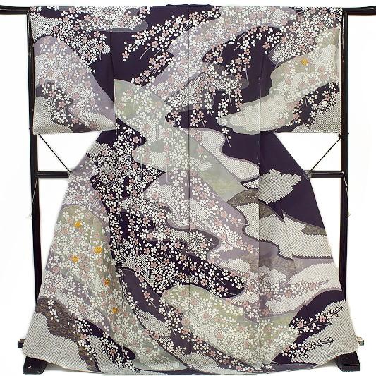 訪問着 正絹 さくら 濃紫 未仕立て 結婚式 入学式 卒業式 b1082