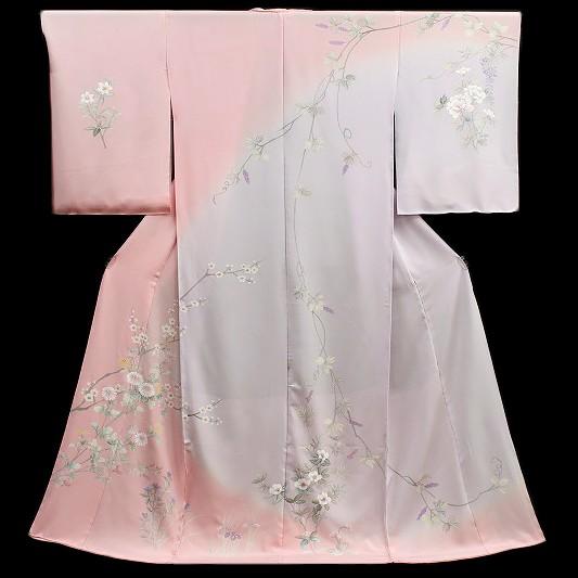 7【高級】反物 正絹 訪問着 丹後ちりめん ピンク 牡丹 桜 未仕立 12.5万 在庫処分 訪問着 手描友禅 正絹 桜色 ピンク 薄紫 菊 梅 桔梗 葡萄唐草
