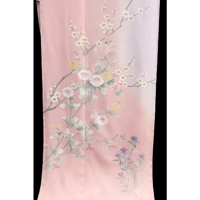 在庫処分 訪問着 手描友禅 正絹 桜色 ピンク 薄紫 菊 梅 桔梗 葡萄唐草