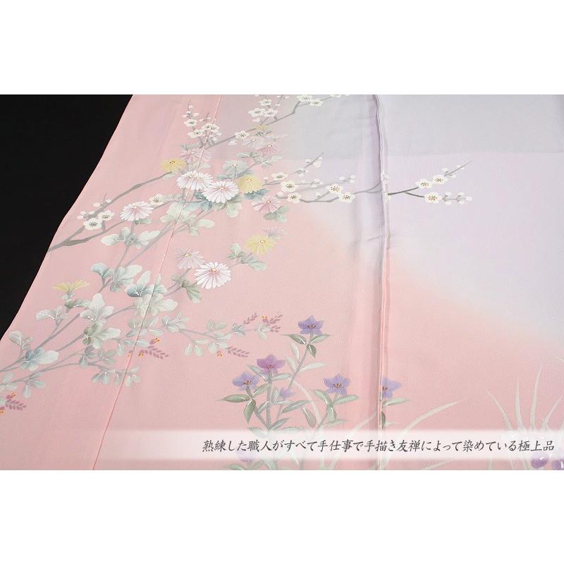 在庫処分 訪問着 手描友禅 正絹 桜色 ピンク 薄紫 菊 梅 桔梗 葡萄唐草