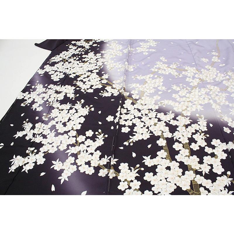 在庫処分 訪問着 手刺繍 桜 濃紫色 薄藤色 友禅染 ぼかし 正絹 尾峨佐