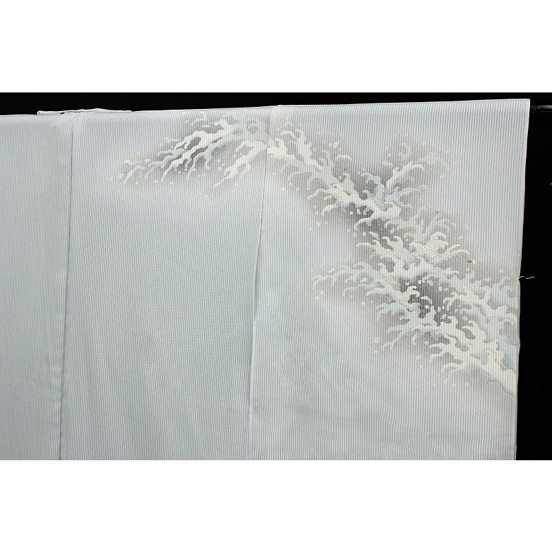 人間国宝 将雪英 訪問着 手刺繍 正絹 夏物 ライトグレー 荒波 田村哲彦