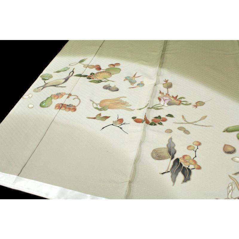 在庫処分 訪問着 手描友禅染 淡 鶯色 地 野菜 模様 正絹 丹後縮緬 仮絵 