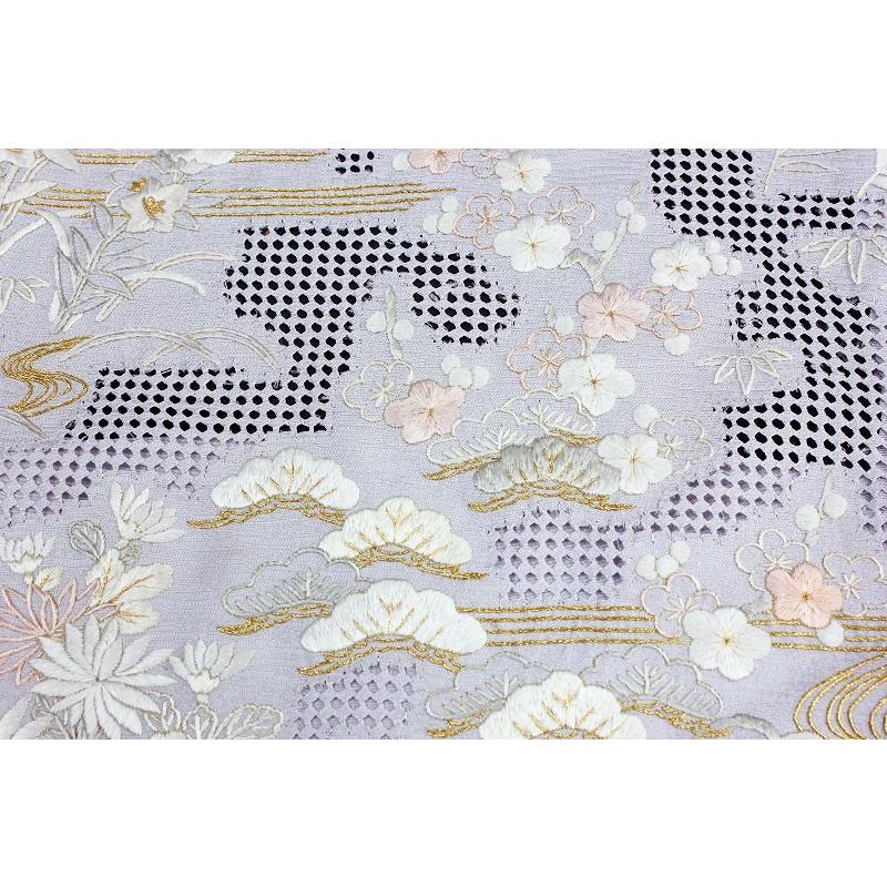 訪問着 仮絵羽 総手刺繍 スワトウ刺? 桜 菊 薄 紫 笠松 流水 金糸 