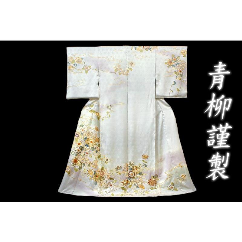 十日町友禅 青柳 謹製 薄灰青白地 変わり椿 花 流水 模様 正絹 訪問着 