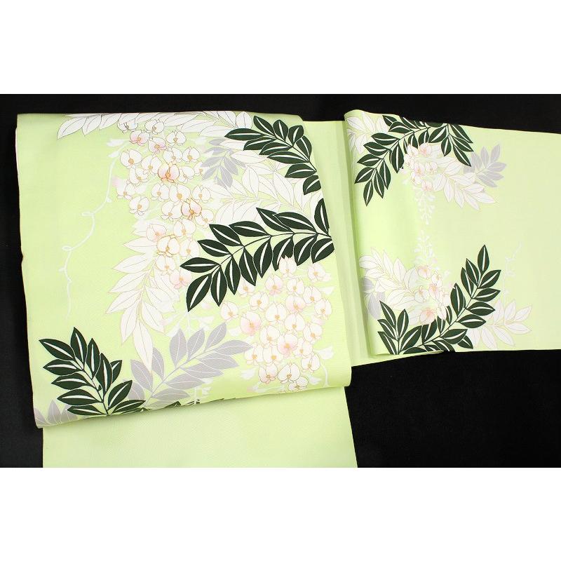 在庫処分 仕立て無料 名古屋帯 塩瀬 薄黄緑色 藤 絹菱 正絹 本加工友禅  