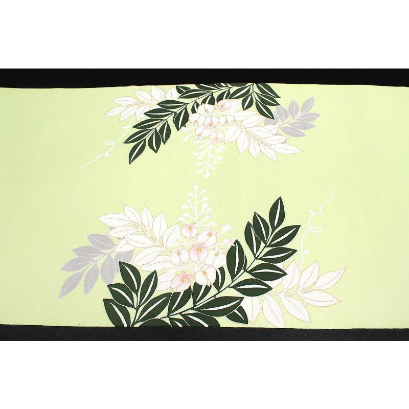 在庫処分 仕立て無料 名古屋帯 塩瀬 薄黄緑色 藤 絹菱 正絹 本加工友禅  