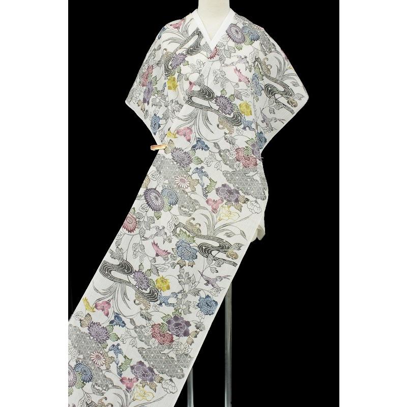 小千谷ちぢみ 小紋 江戸紅型染 白地 流水 菊 牡丹 鳳凰 麻 反物 小千谷ちぢみ 小紋 江戸紅型染 白地 流水 菊 牡丹 鳳凰 麻 反物