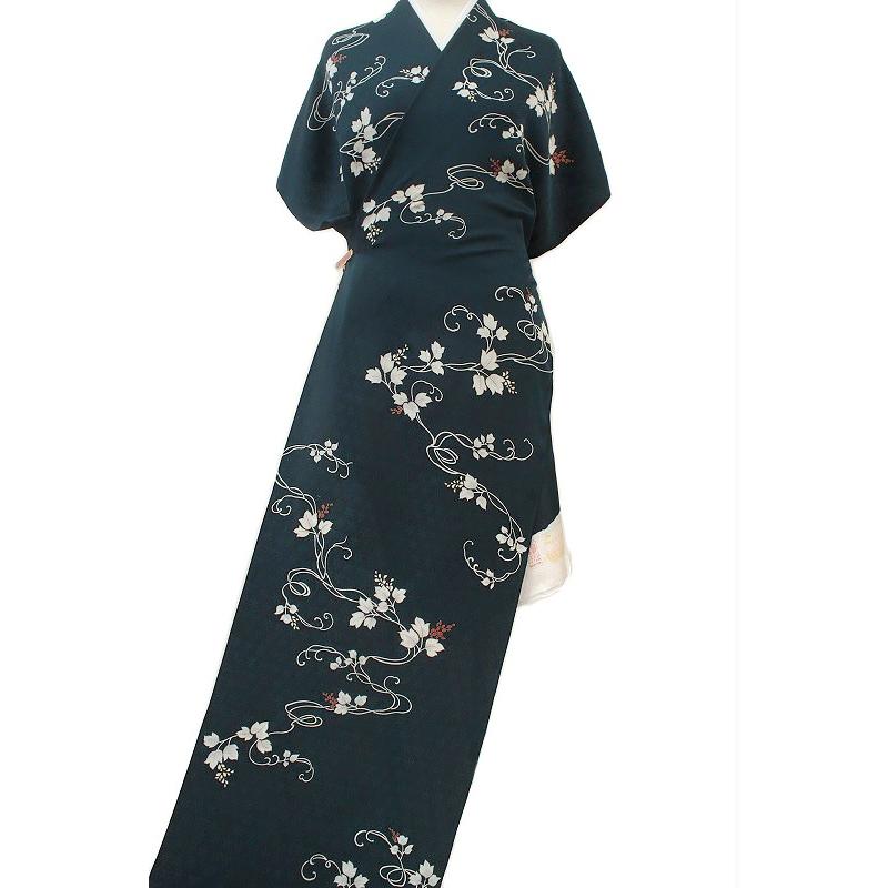 在庫処分 小紋 飛び柄 葡萄唐草 藍鉄色 手差し友禅 正絹 丹後ちりめん