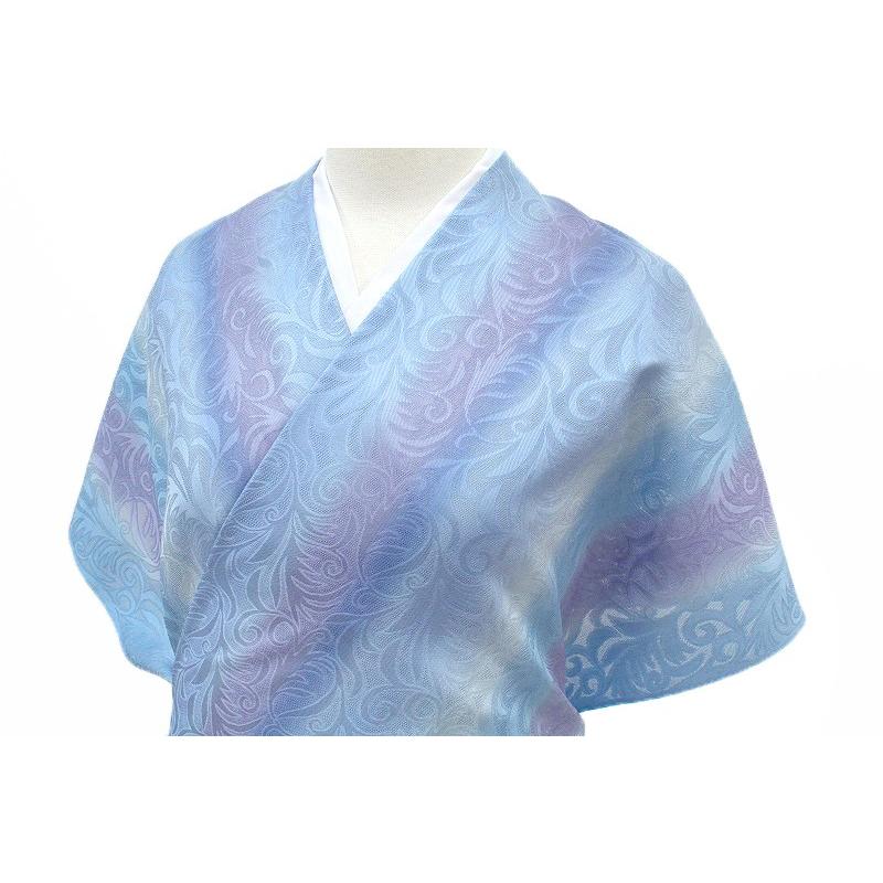 在庫処分 小紋 コート 夏物 紋紗 水色 縞 唐草 ぼかし 正絹 京友禅 