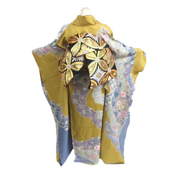 在庫処分 成人式 豪華 振袖8点セットからし色地辻が花模様 和装 着物  
