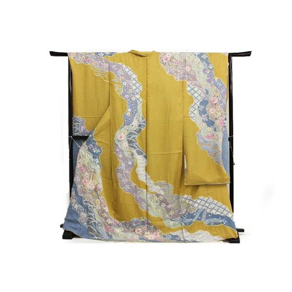 在庫処分 成人式 豪華 振袖8点セットからし色地辻が花模様 和装 着物  