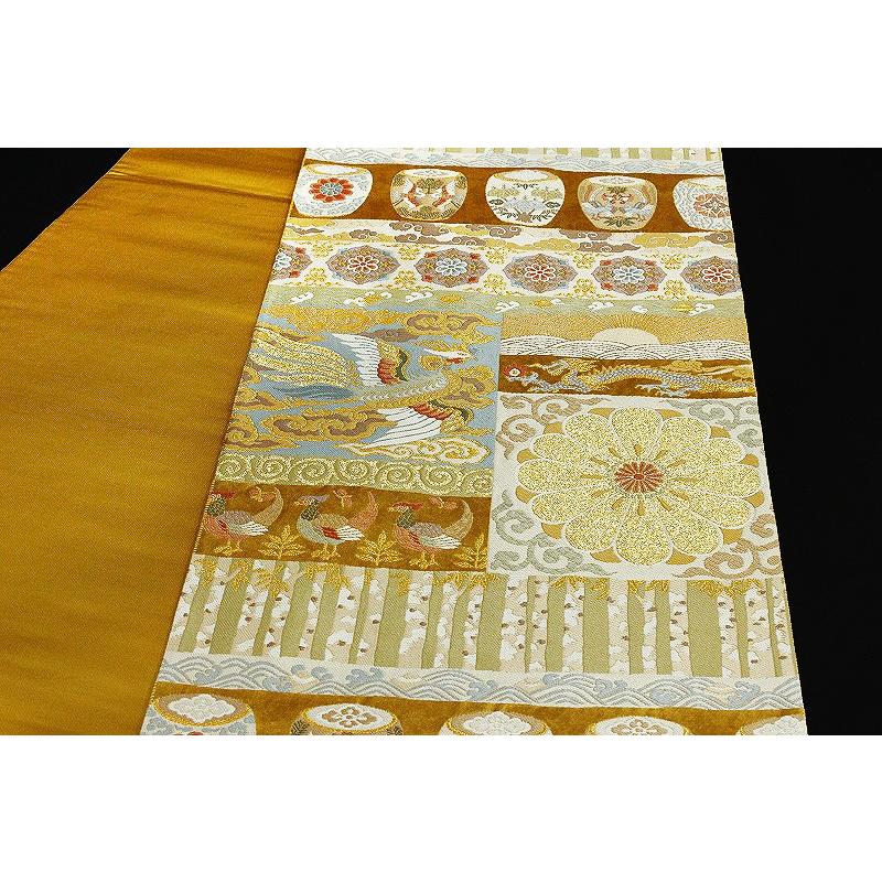 在庫処分 西陣 京藝 唐織 袋帯 新品 正絹 金 鳳凰 鳥 菊 雲 御瑞 金糸 