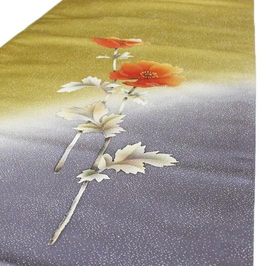 在庫処分 袋帯 正絹 金地 ポピー 手描友禅 京友禅 新品 未仕立て 結婚 