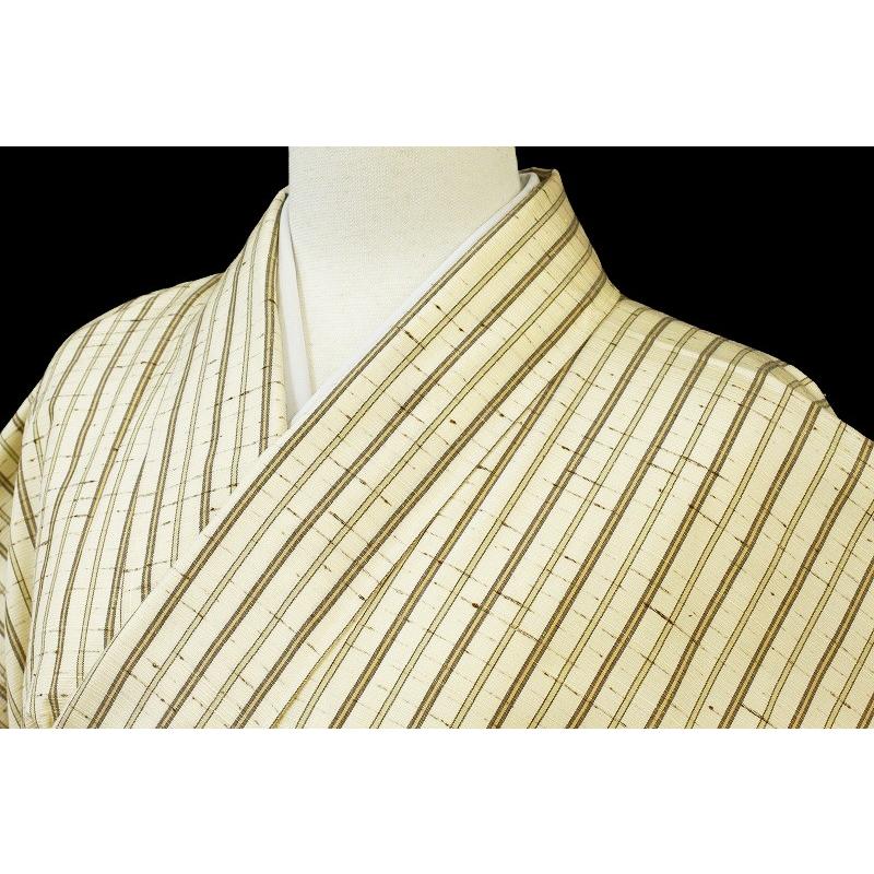 紬 正絹 ぜんまい紬 米沢紬 クリーム色 縞 着物 お洒落着 カジュアル